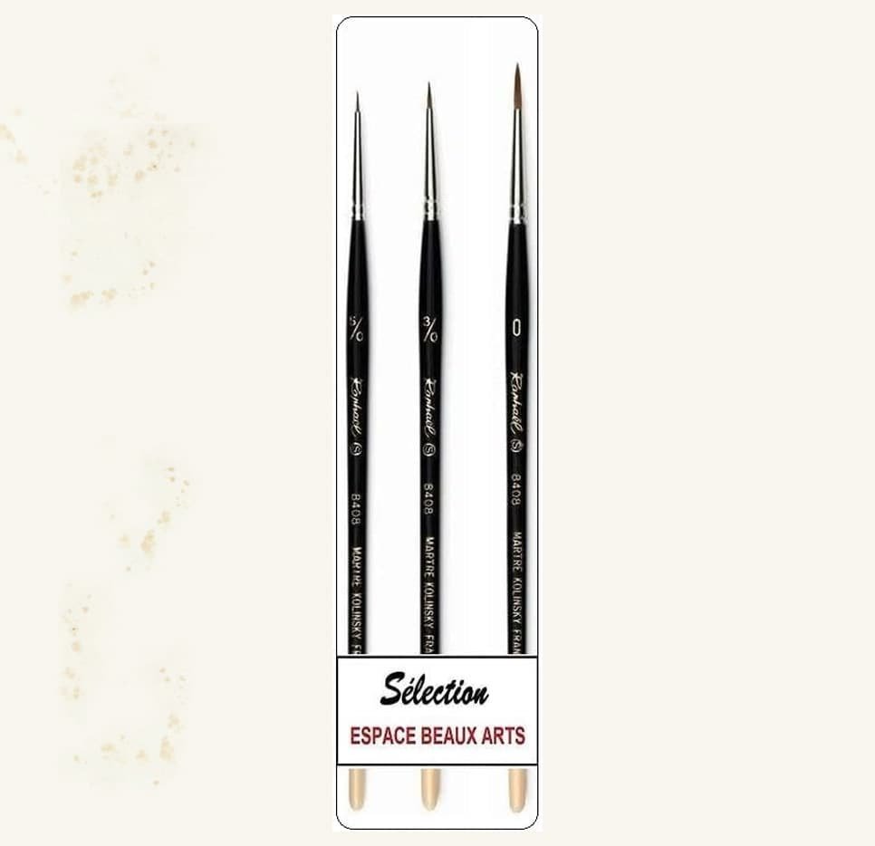Raphael Kolinsky Brush 8408 Sand XF Point Round Set 3 PCS Small Brushes for Painting Artist Supplies, Size 5/0, 3/0, 0

